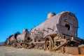 Old rusty locomotive abandoned in the train cemetery of Uyuni Bolivia