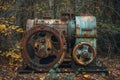 An old, rusty machine left to decay in a forest setting, Forgotten machinery rusting in the corners Royalty Free Stock Photo