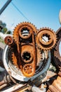 Old rusty mechanism. Old gears and pulleys with chain Royalty Free Stock Photo