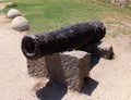 Old rusty medieval cannon in the drained moat surrounding the walls of Rhodes Fortress and Rhodes Old Town