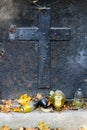 Old rusty memorial cross at cemetery. Royalty Free Stock Photo