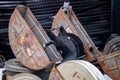 Old rusty metal boxes and 35 mm film. Cinematographic equipment