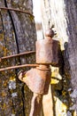 Old rusty metal hinge on a wooden pale Royalty Free Stock Photo