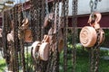 Old rusty metal hoist chain and pulley Royalty Free Stock Photo