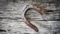 Old rusty metal horseshoe for good luck pinned and nailed on a wooden texture surface Royalty Free Stock Photo