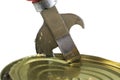 Old rusty metal knife opens a metal tin can on white isolated ba Royalty Free Stock Photo