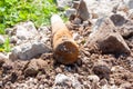 Old rusty metal pipe on the green grass. Communication replacement concept. Close up macro Royalty Free Stock Photo