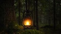 Old rusty oil lamp in dark autumn forest. Mystical scene with old kerosene lantern outdoor