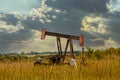 Old rusty oil well pump jack in field - home made modifications - with field and cows blurred in background and dramatic stormy Royalty Free Stock Photo