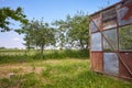 An old rusty open greenhouse gate in a rural garden