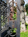 Old rusty ornate metal door of the cemetery
