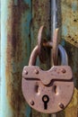 An old, rusty padlock with a chain hanging from the gate Royalty Free Stock Photo