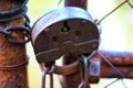 Old rusty padlock that closes the gate Royalty Free Stock Photo