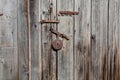 Old rusty padlock and latch on a wooden door Royalty Free Stock Photo
