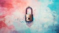 Old rusty padlock on pastel background with copy space.
