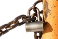 Old rusty padlock shackles a metal chain on a white background Royalty Free Stock Photo