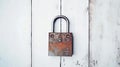 Old rusty padlock on white wooden background, vintage style, Security concept, Generative AI illustrations