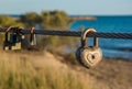 Old rusty padlocks hanging on bridge rope. Love symbol. Royalty Free Stock Photo