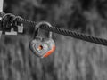 Old rusty padlocks on metal cable in black and white. Royalty Free Stock Photo