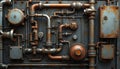 Old rusty pipes and wires form complex industrial machine panel. Aged metal surface with grunge texture and detailed mechanical Royalty Free Stock Photo