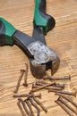 Old rusty pliers and nails Royalty Free Stock Photo