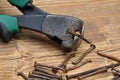 Old rusty pliers and nails Royalty Free Stock Photo