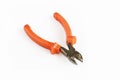 Old rusty pliers tools, metal cutting pliers with orange handle