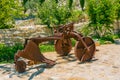 Old rusty plow for tillage. Local historical landmark Royalty Free Stock Photo