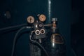 Old rusty pressure gauges on a gas gearbox. photos in dark colors