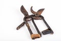 Old rusty pruning shears. Accessories for trimming tree branches and shrubs in your home garden