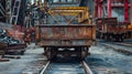 An old, rusty railroad car sits alone on the tracks, surrounded by the clutter of an industrial yard Royalty Free Stock Photo