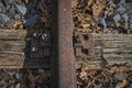 an old and rusty railroad track with a weathered railroad tie and metal bolts Royalty Free Stock Photo