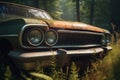 Old rusty retro car overgrown with grass in the forest. Abandoned classic old automobile with rust on metal. Generative AI