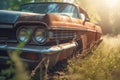 Old rusty retro car overgrown with grass in the forest. Abandoned classic old automobile with rust on metal. Generative AI