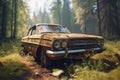 Old rusty retro car overgrown with grass in the forest. Abandoned classic old car with rust on metal. Generative AI