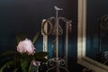 Retro interior design with old jewelry, peony flower and mirror