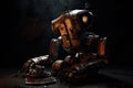 old and rusty robot with broken parts lying in the corner of a dark room