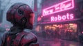 Old rusty robot looks at neon store sign of New Robots on cyberpunk city street in rain, futuristic town with purple light.