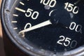 Old rusty round industrial pressure gauge with numbers on a black dial Royalty Free Stock Photo