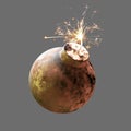 Old rusty round iron bomb ignited and sparkling isolated on grey background