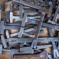 Old rusty rugged anvil, hammer other blacksmith tools in Aberfoyle Antique Market Royalty Free Stock Photo