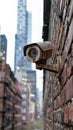 Old rusty security camera on urban building wall