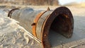 Old rusty sewer pipe on a river's shore with blurred background