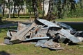 Old rusty sheets of roofing iron in a landfill after renovating a residential building