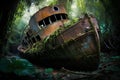 Old rusty ship wreck in the jungle. 3d render illustration.