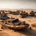 Old rusty ships and barges in the desert. Dry sea. Climate change,