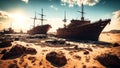 Old rusty ships on the dried sea, post-apocalyptic scenery.