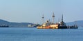 Old rusty ships side by side. Shipwrecks in Greece. Royalty Free Stock Photo