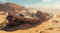 Old and rusty shipwreck sitting in the middle of desert, post apocalyptic scene.