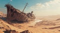 Old and rusty shipwreck sitting in the middle of desert, post apocalyptic scene.